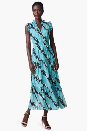 NIC ZOE Aqua/Multi Rolling Reef Tiered Ruffles V-Neck Maxi Dress S241906