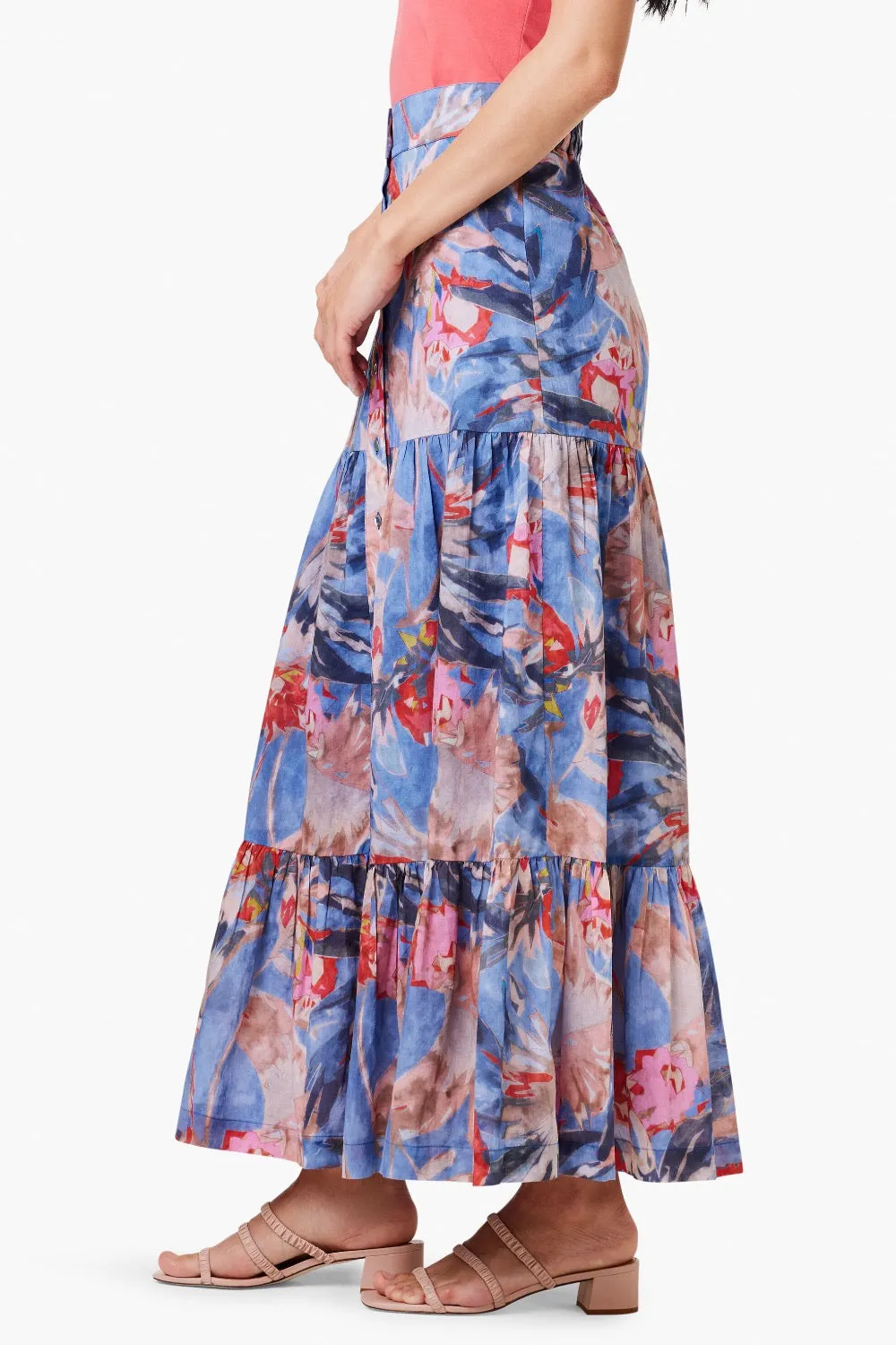 NIC ZOE Blue/Multi Dreamscape Tiered Button Front Maxi Skirt S241702