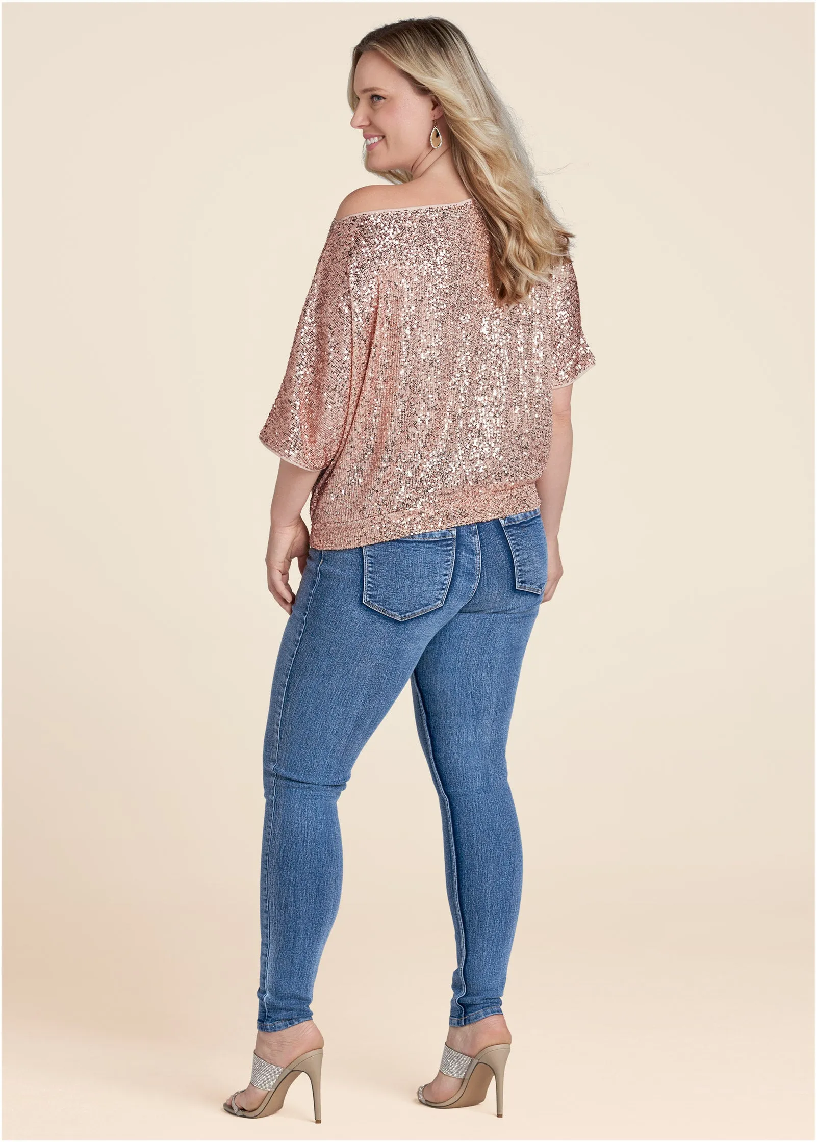 Off-Shoulder Sequin Top - Rose Gold