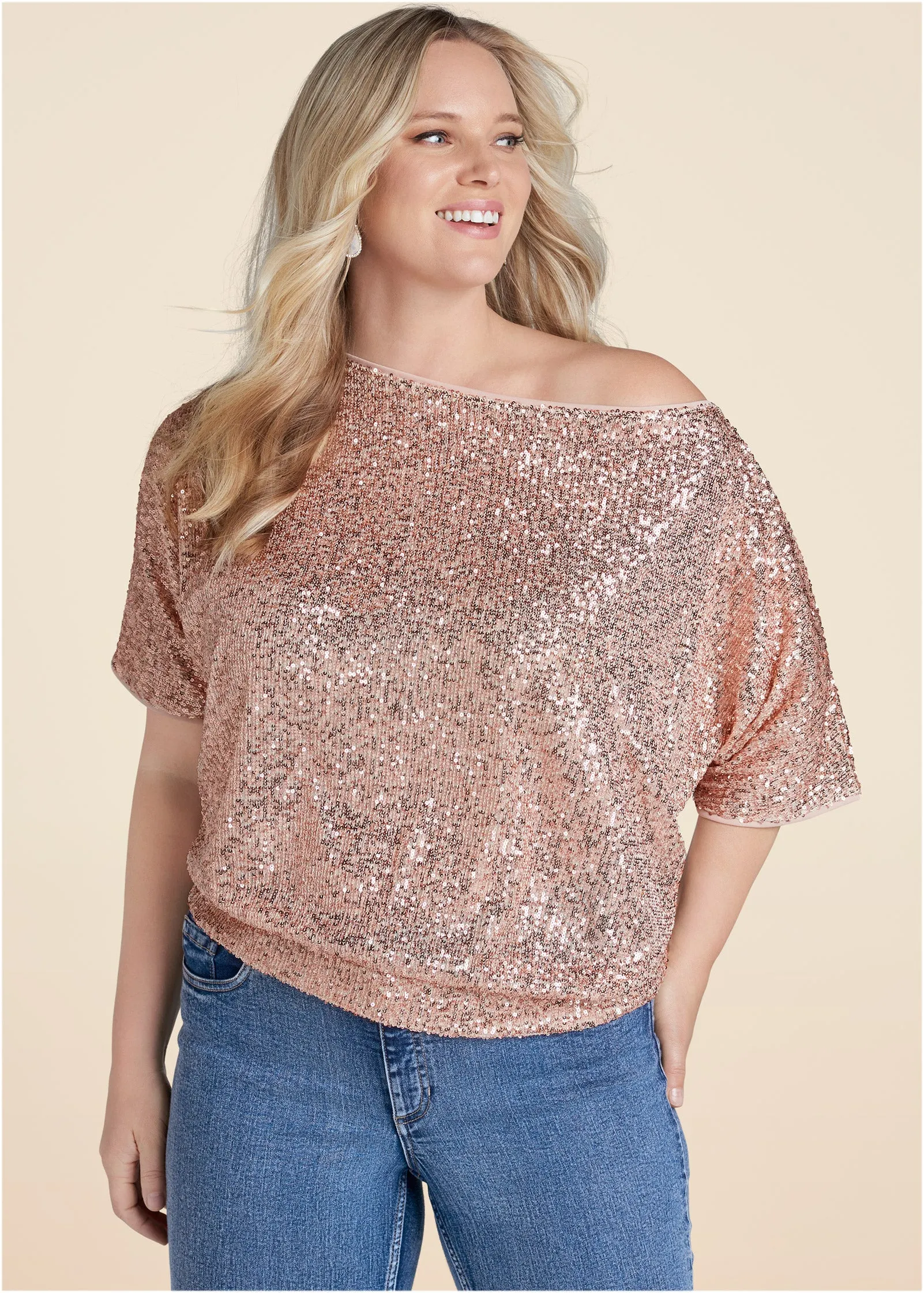 Off-Shoulder Sequin Top - Rose Gold