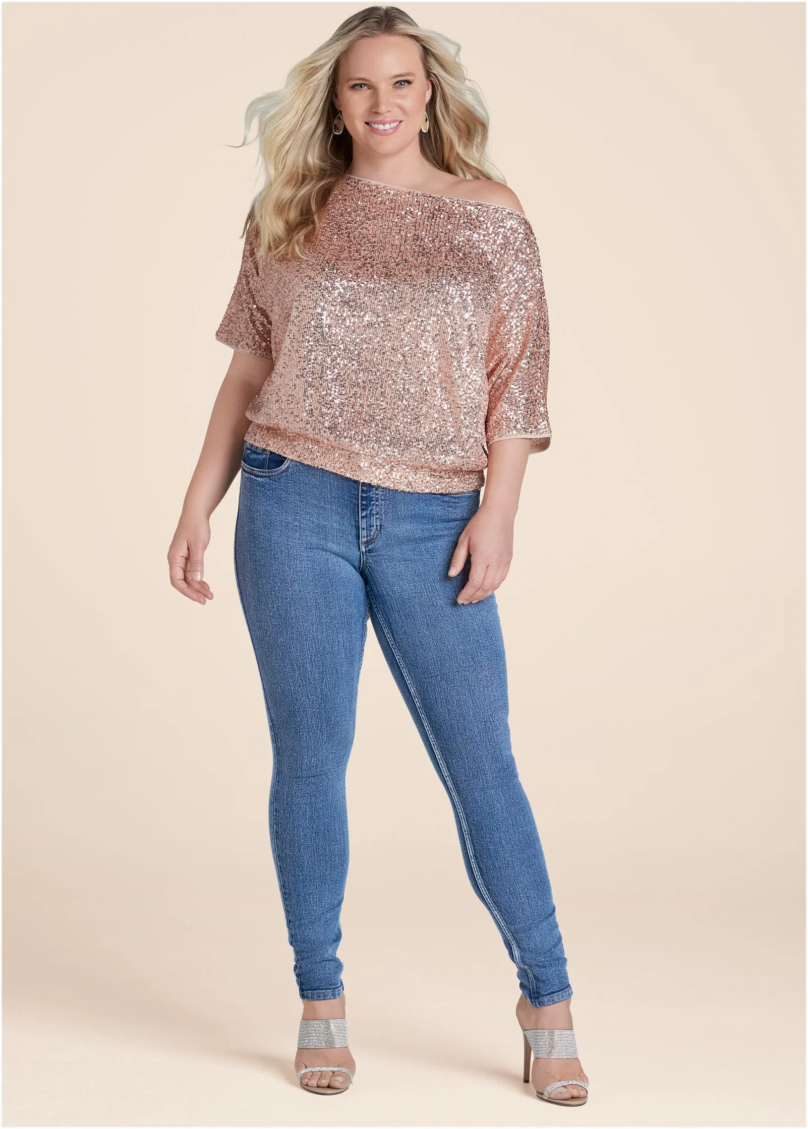 Off-Shoulder Sequin Top - Rose Gold