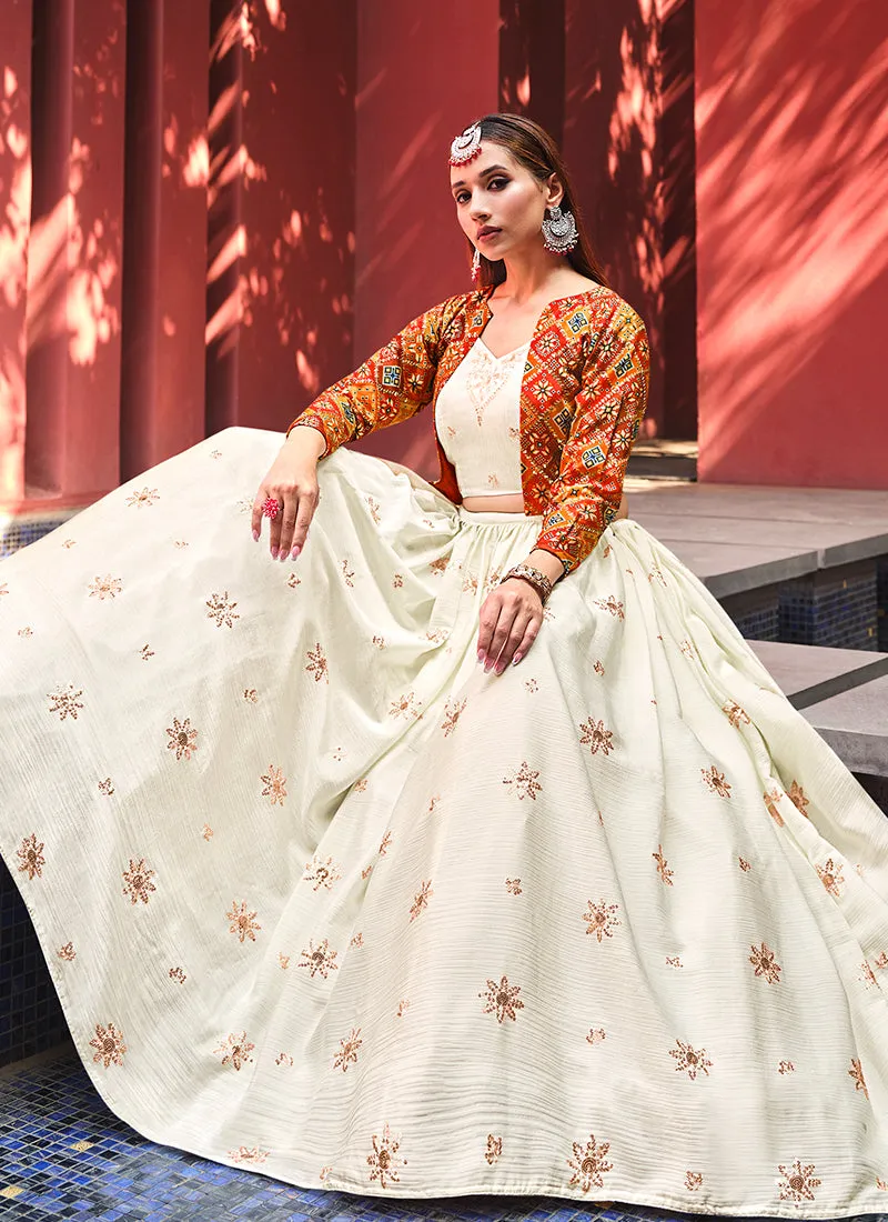 Off White Sequence Embroidery Jacket Style Lehenga Choli