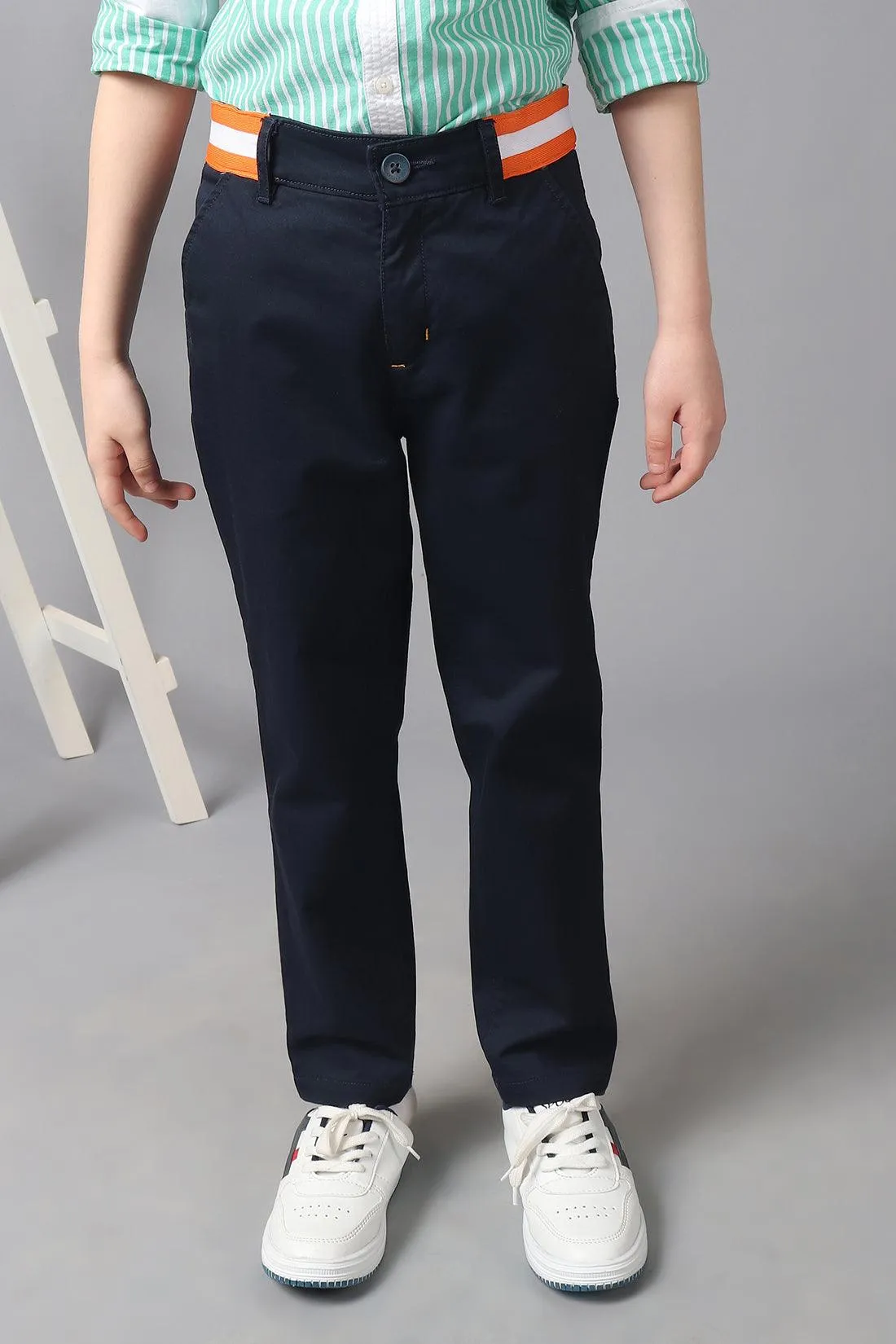 One Friday Kids Boys Navy Blue Striped Waistline Trouser