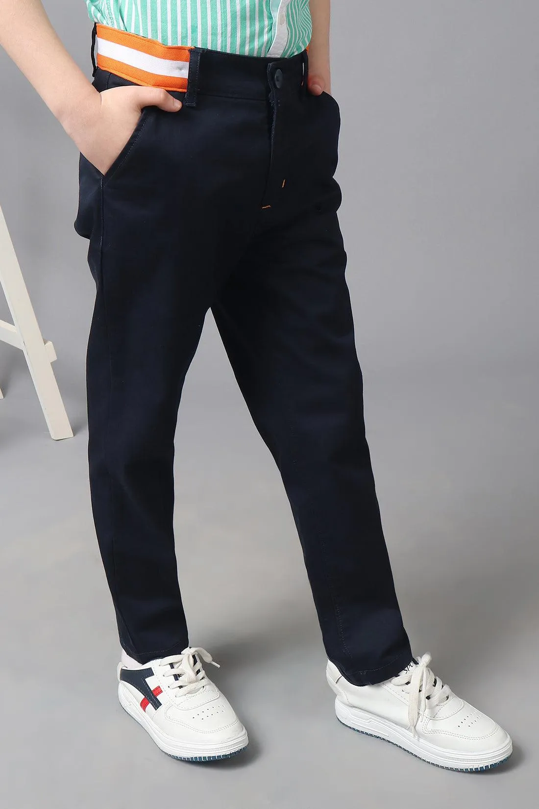 One Friday Kids Boys Navy Blue Striped Waistline Trouser