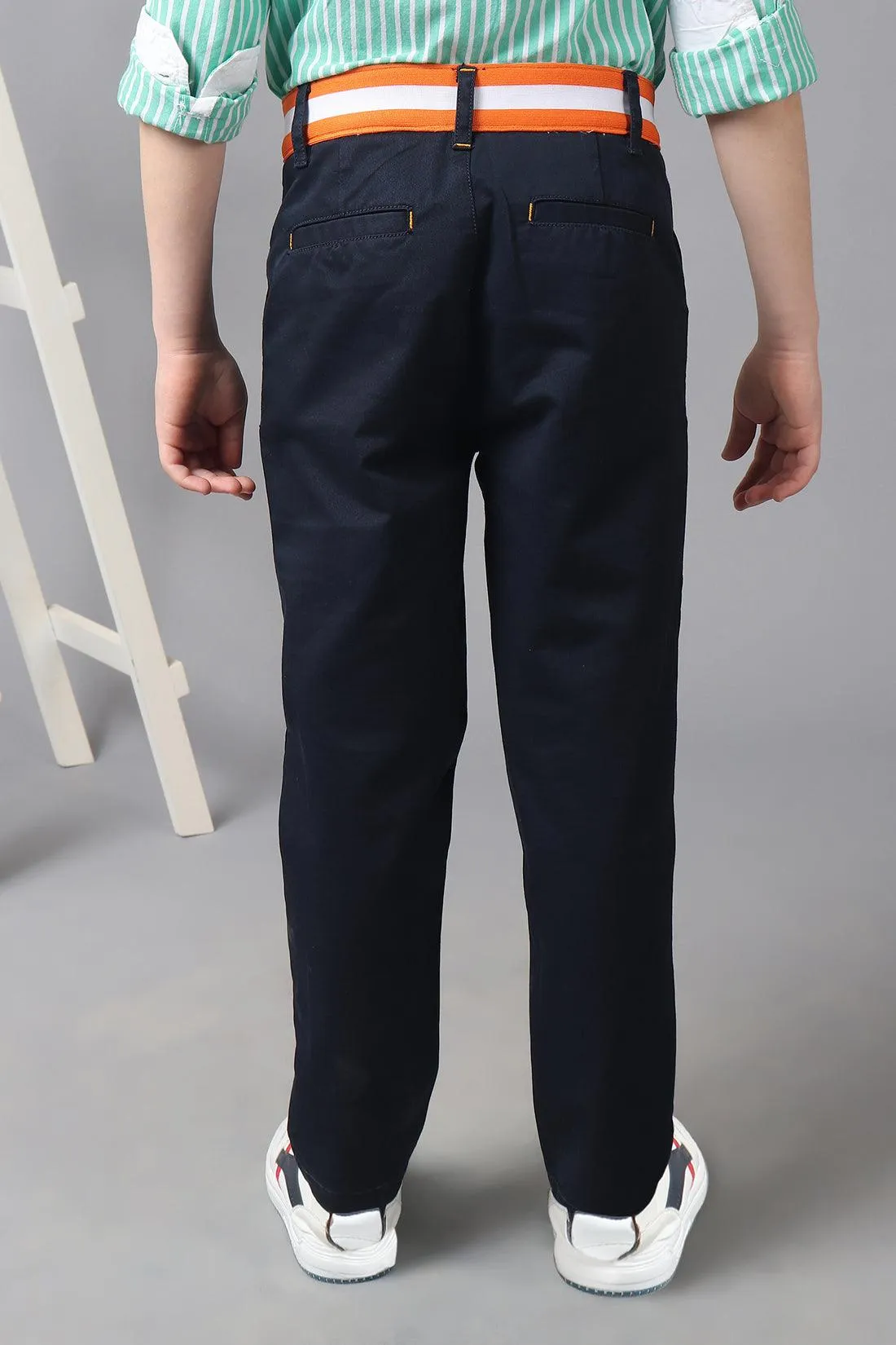 One Friday Kids Boys Navy Blue Striped Waistline Trouser