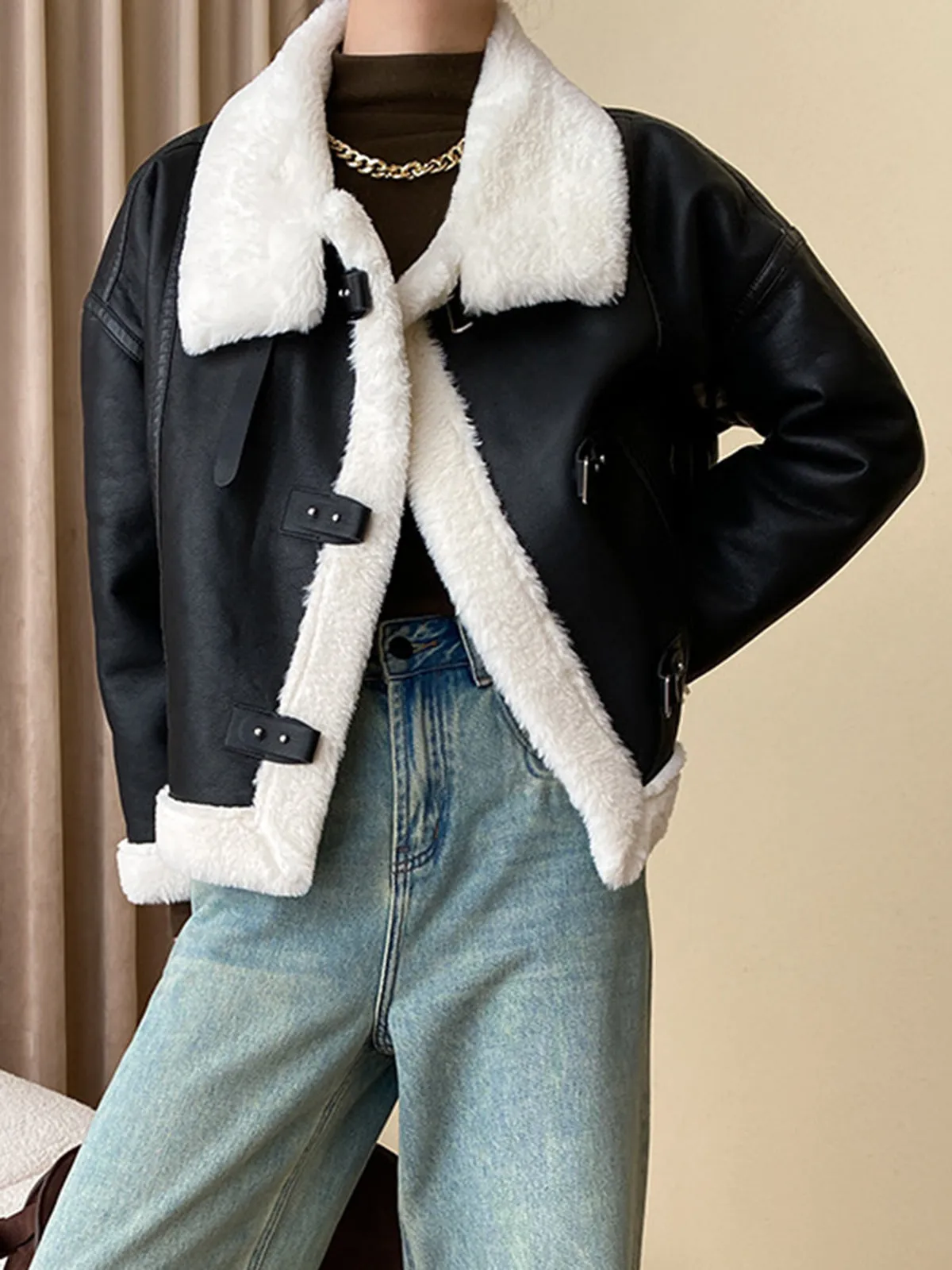 Patchwork Sherpa Lined Trendy Shearling Leather Jacket