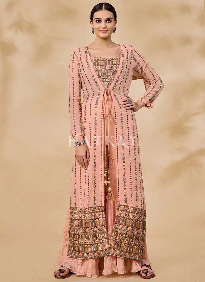 Peach Multi Embroidered Jacket Style Sharara Suit