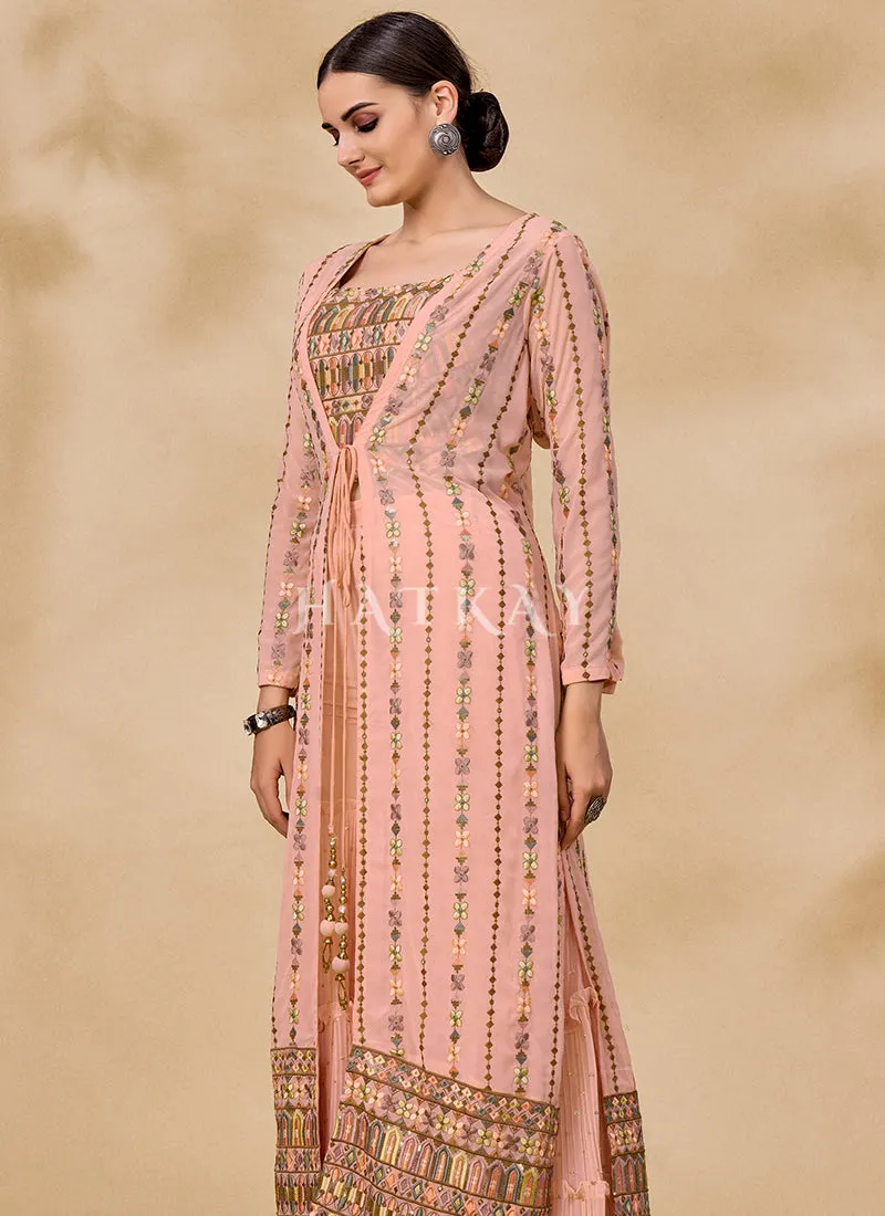 Peach Multi Embroidered Jacket Style Sharara Suit