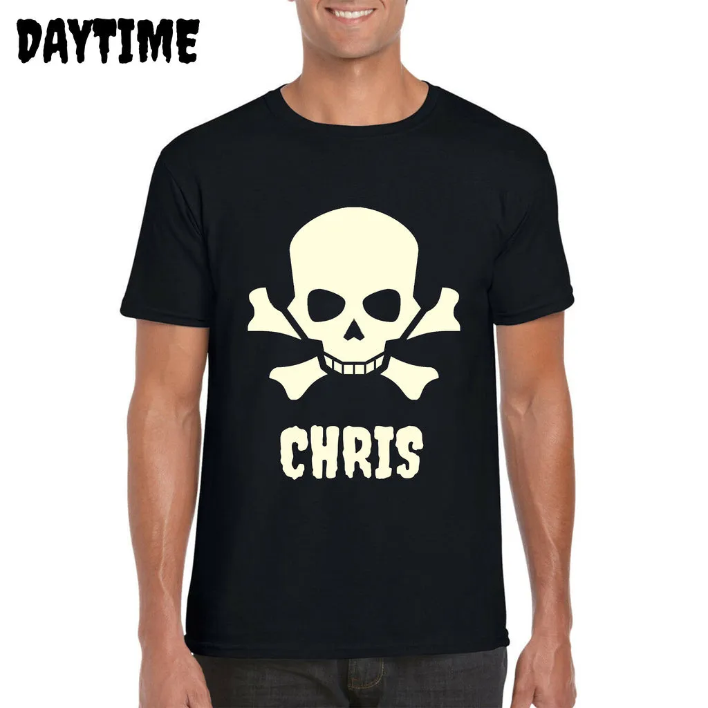 PERSONALISED GLOW IN THE DARK HALLOWEEN T-SHIRT, ADD YOUR NAME SKULL PUMPKIN