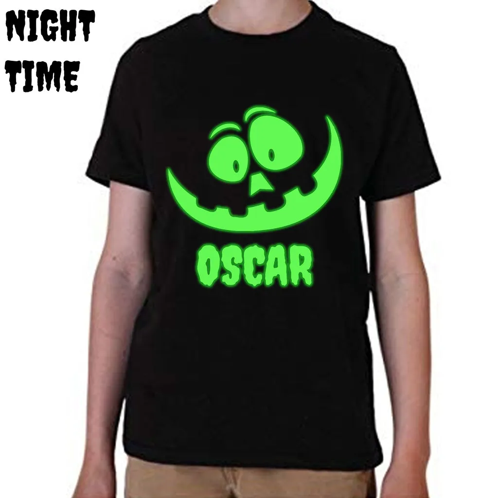 PERSONALISED GLOW IN THE DARK HALLOWEEN T-SHIRT, ADD YOUR NAME SKULL PUMPKIN