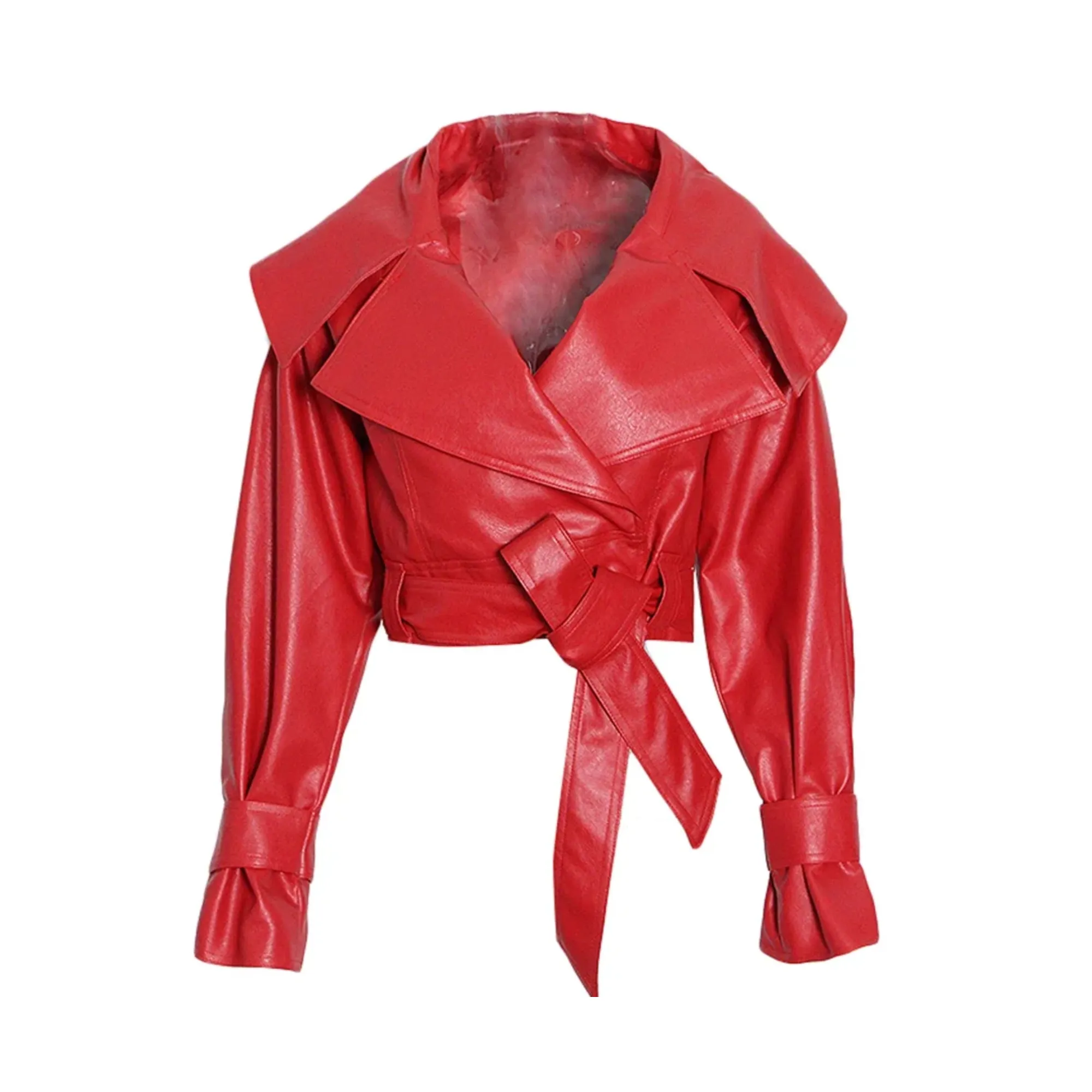 Pre Order:  Faux Leather Belted Cropped Jacket