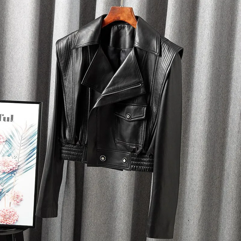 Pre Order:  Leather Large Lapel Zip-Up Jacket