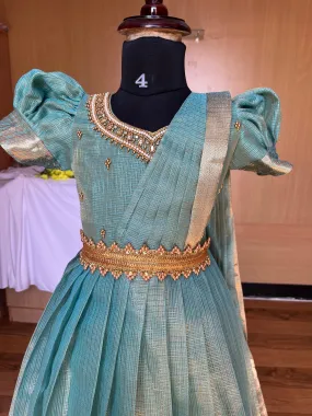 PRE ORDER : Ocean Blue Tissue Silk Lehenga with Puff Sleeves