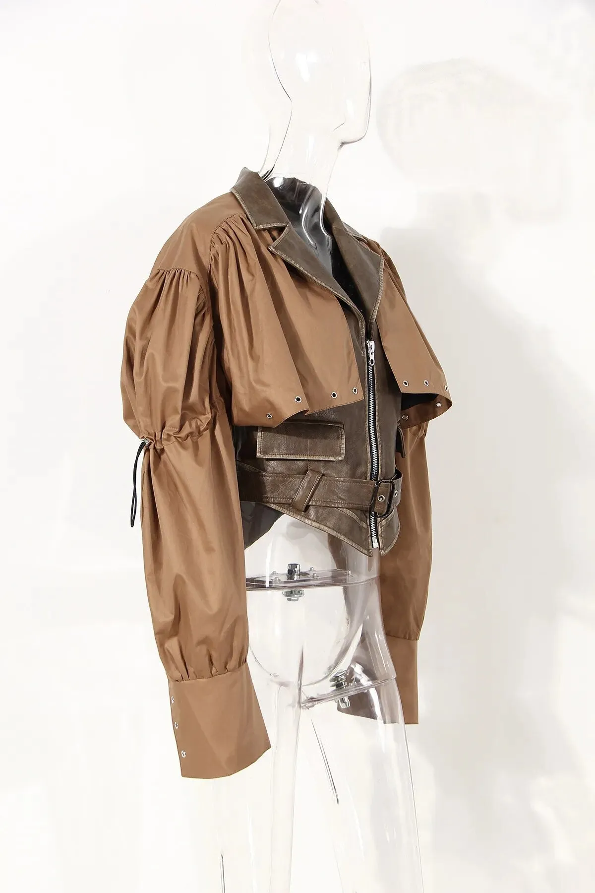 Pre Order:  Pleated Belted Drawstring Vegan Leather Jacket