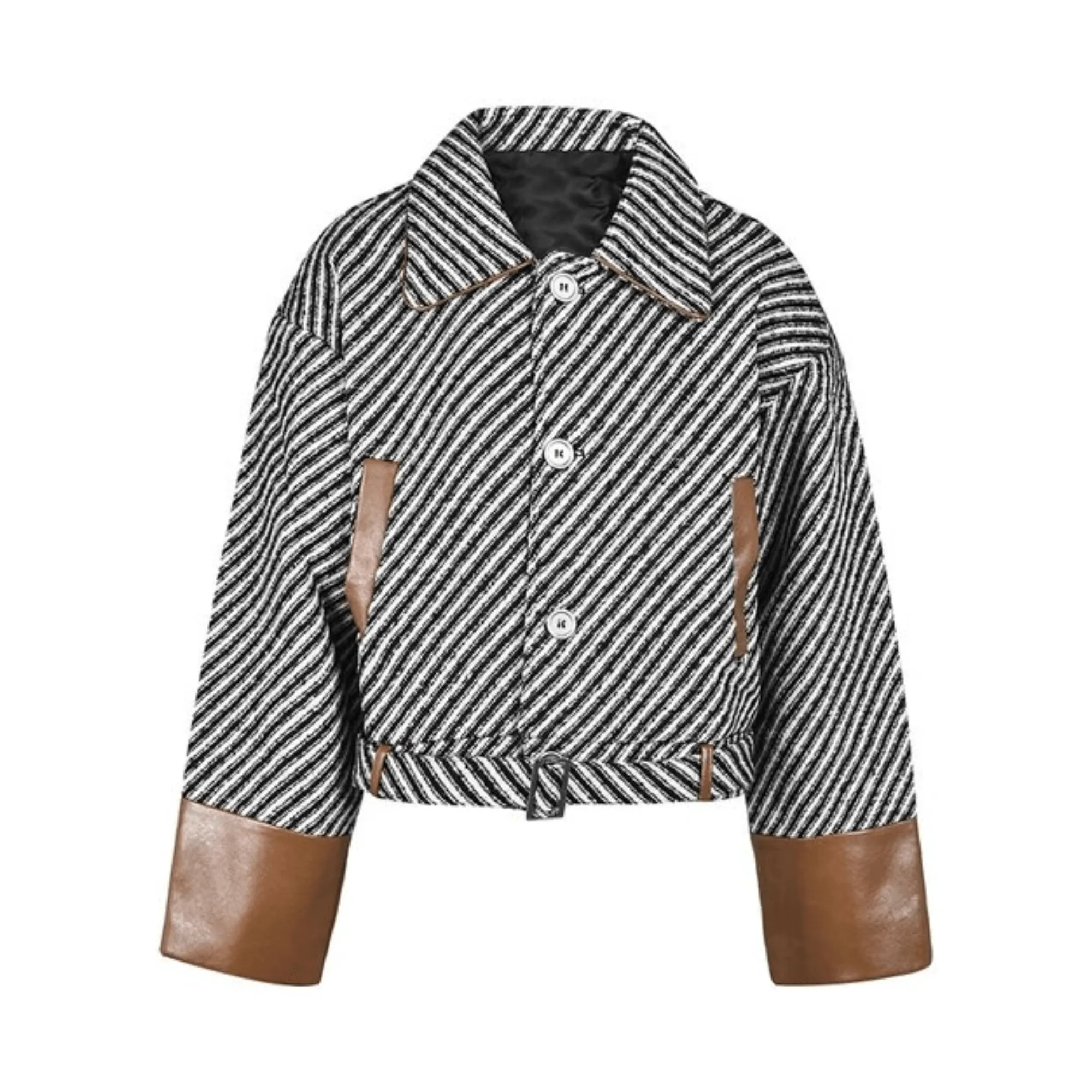 Pre Order:  Stripes Vegan Leather Spliced Woolen Jacket