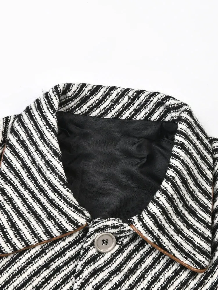 Pre Order:  Stripes Vegan Leather Spliced Woolen Jacket