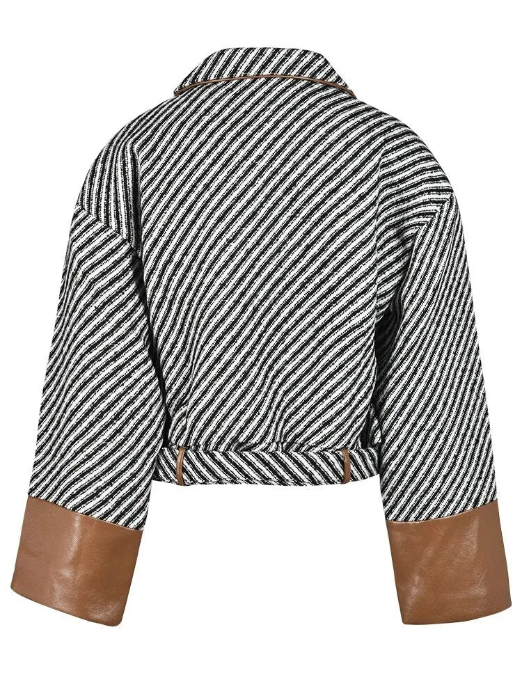 Pre Order:  Stripes Vegan Leather Spliced Woolen Jacket