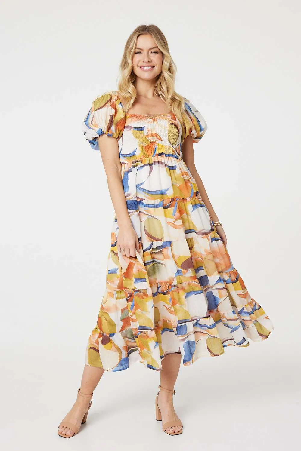 Printed Puff Sleeve Midi Dress