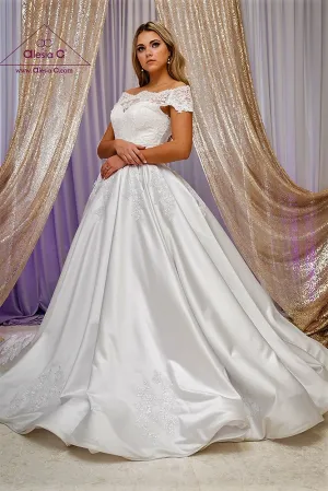 QUEENA Off-The-Shoulder Satin Dramatic Full Ball Bridal Gown