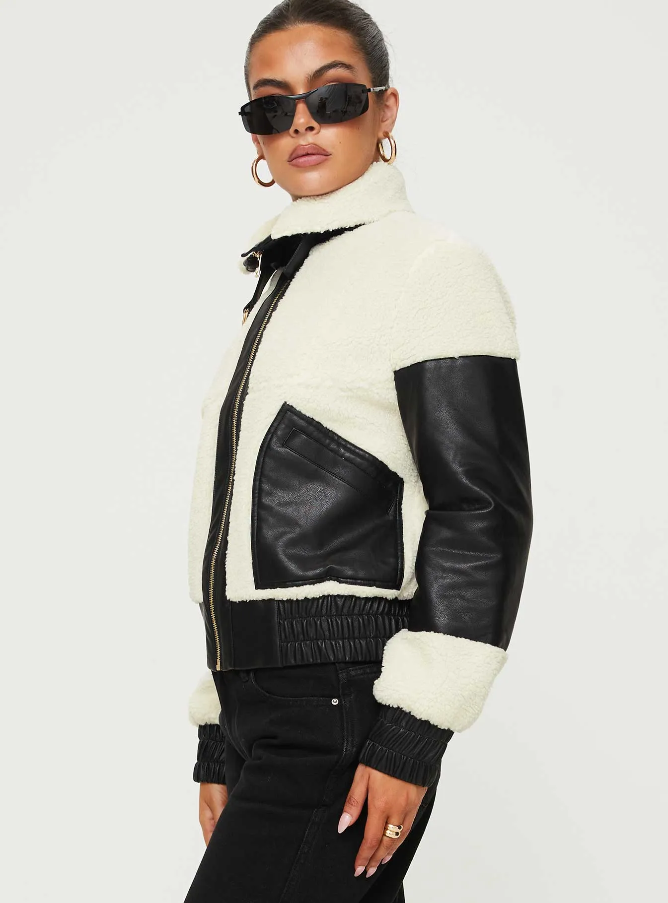 Rachale Faux Leather Shearling Jacket  Black / Cream