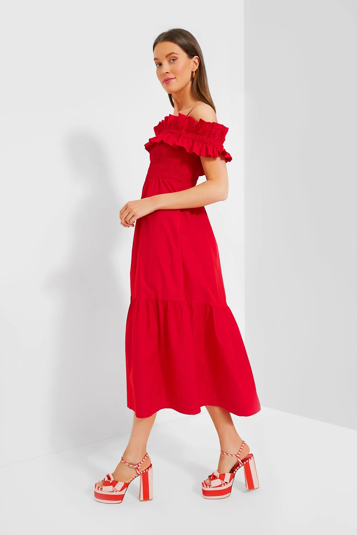 Racing Red Cotton Poplin Long Smock Dress