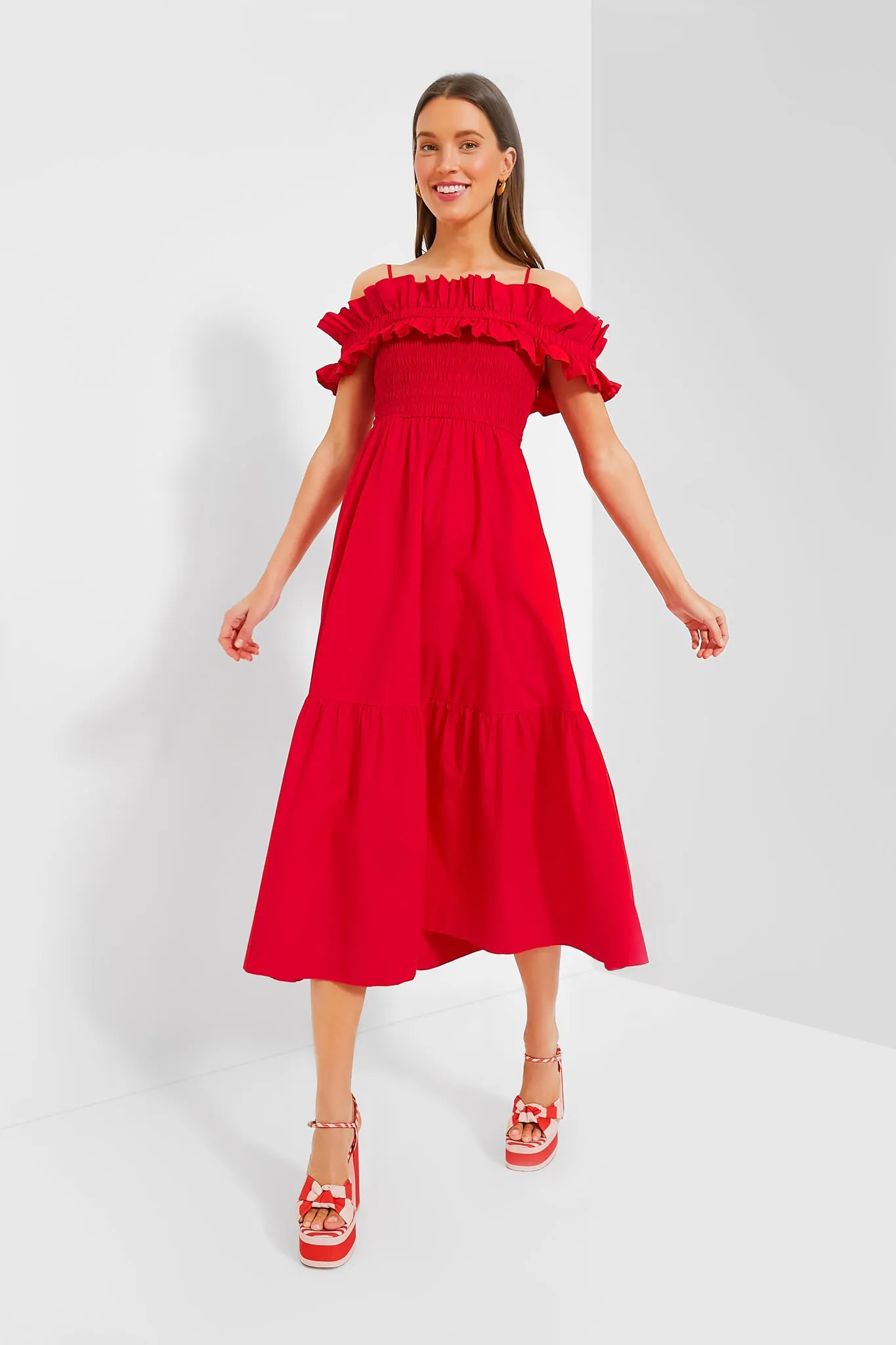 Racing Red Cotton Poplin Long Smock Dress