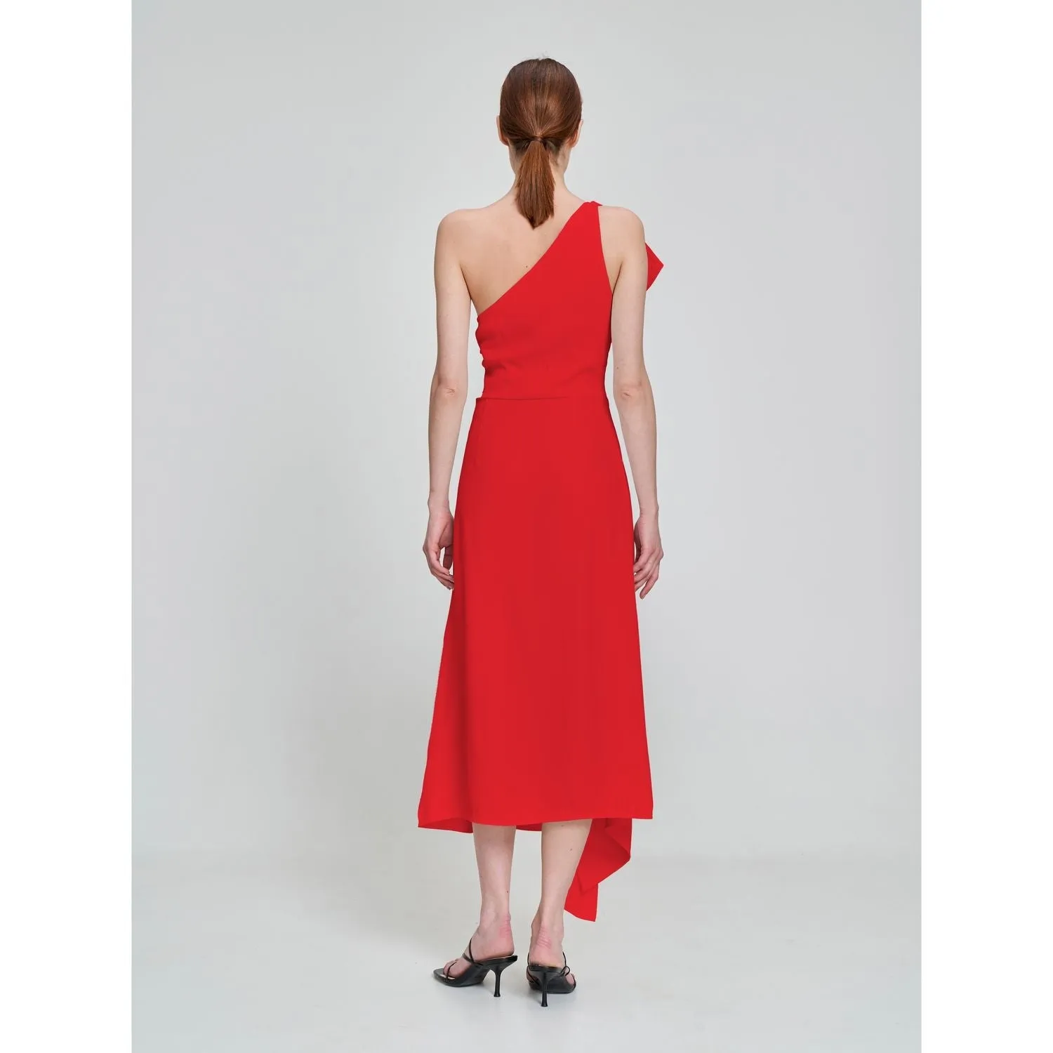 Red One-Shoulder Asymmetrical Ruffle Flared Evening Midi Dress