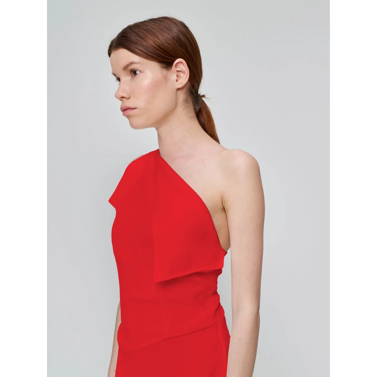 Red One-Shoulder Asymmetrical Ruffle Flared Evening Midi Dress