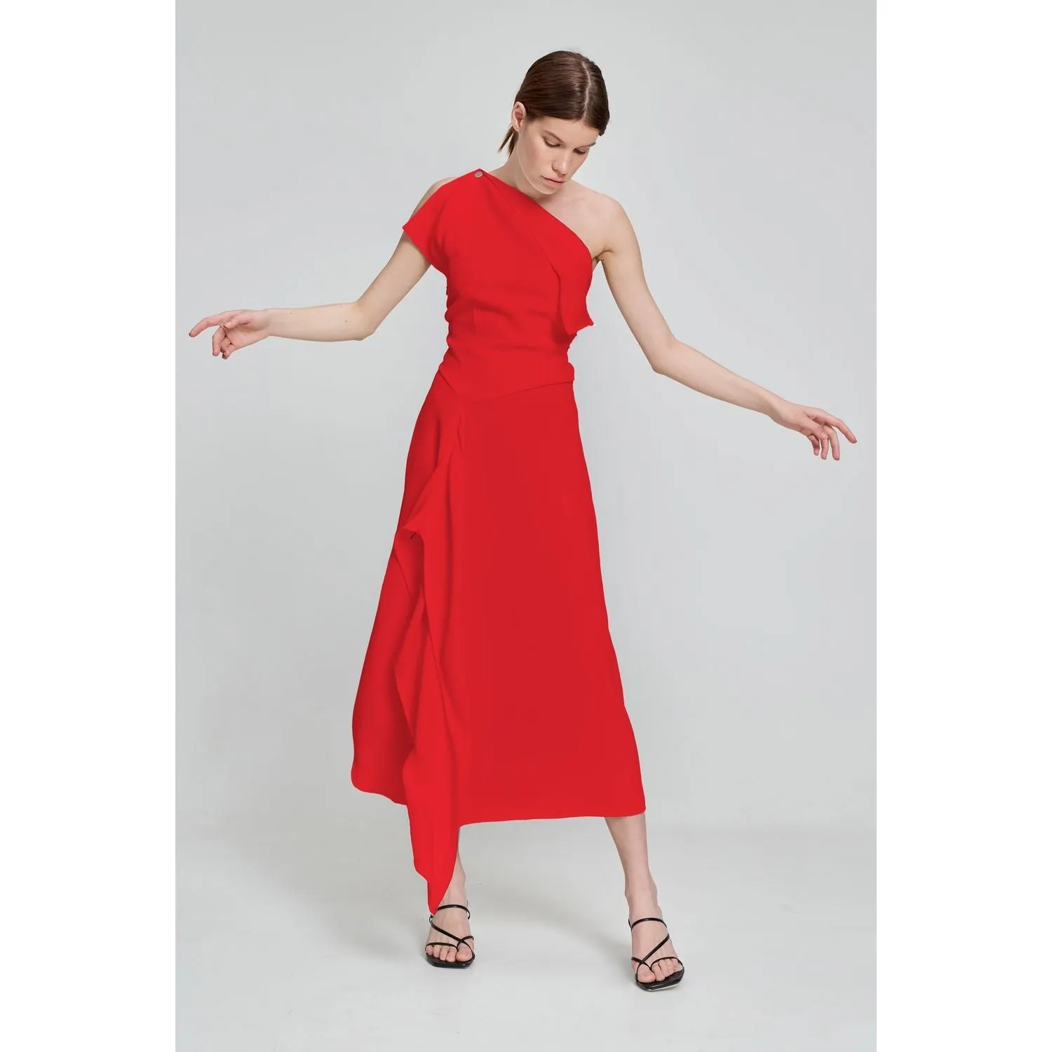 Red One-Shoulder Asymmetrical Ruffle Flared Evening Midi Dress