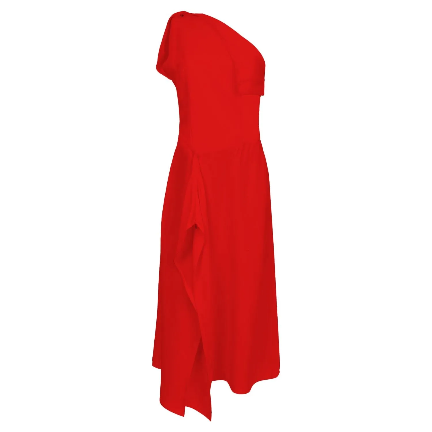 Red One-Shoulder Asymmetrical Ruffle Flared Evening Midi Dress