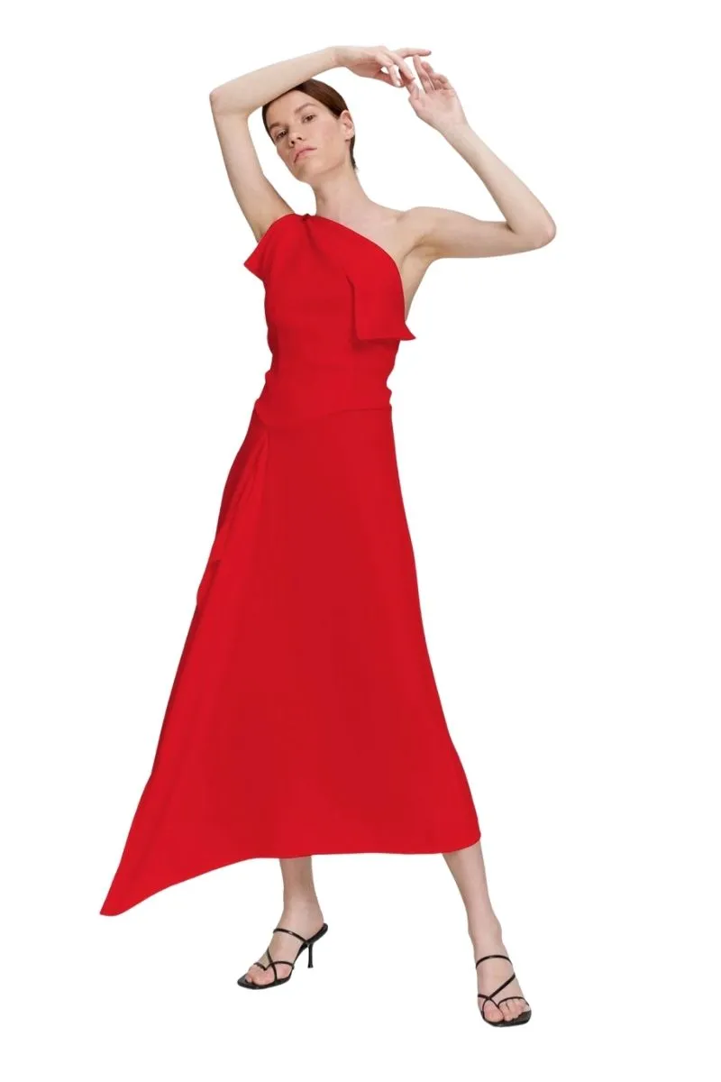 Red One-Shoulder Asymmetrical Ruffle Flared Evening Midi Dress