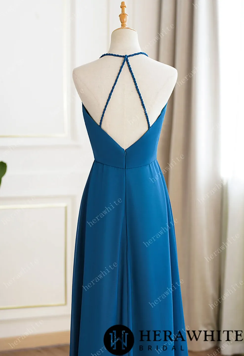 Rustic Blue Bridesmaid Dress Maxi Spring Summer Backless Halter Dress