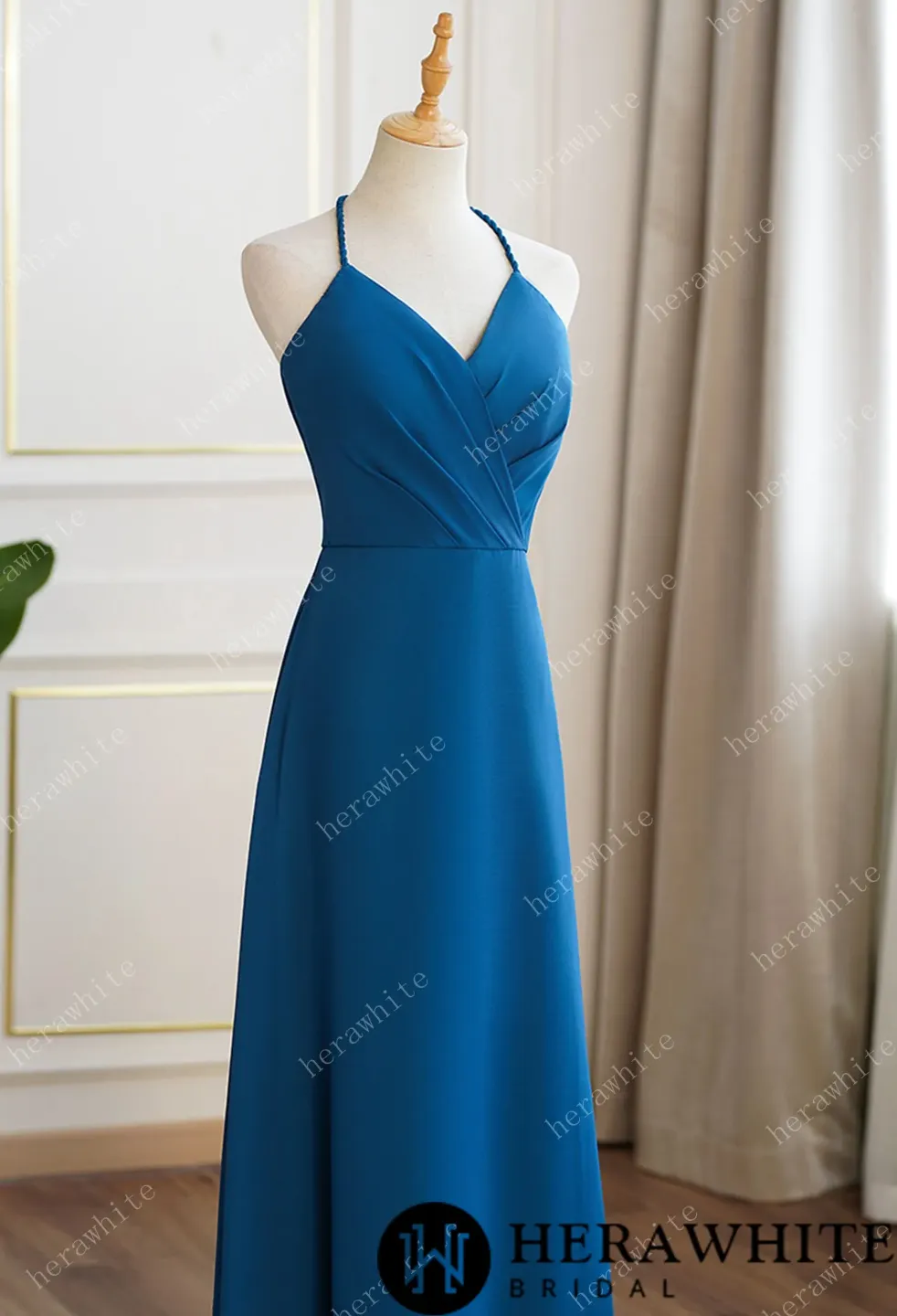 Rustic Blue Bridesmaid Dress Maxi Spring Summer Backless Halter Dress