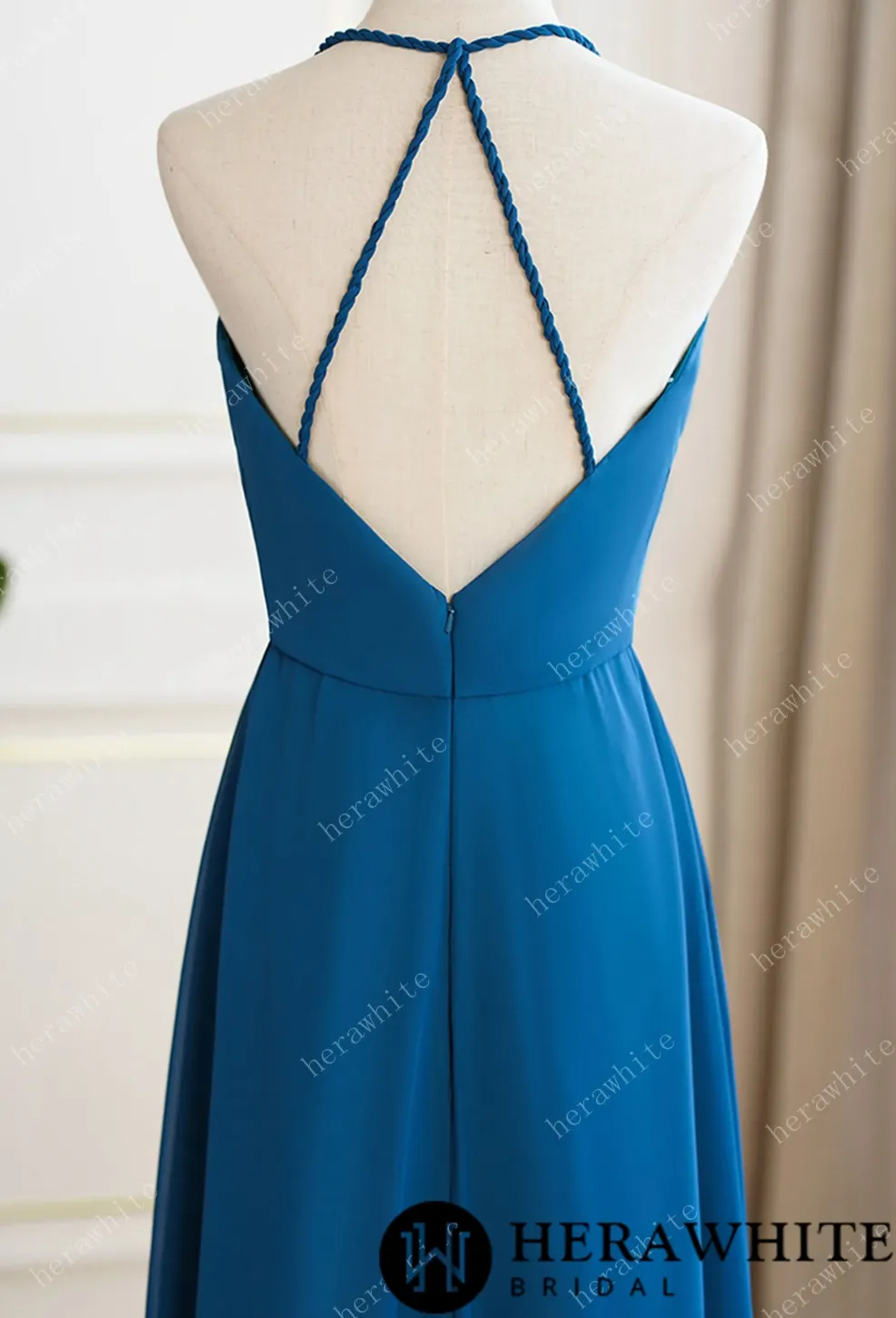 Rustic Blue Bridesmaid Dress Maxi Spring Summer Backless Halter Dress