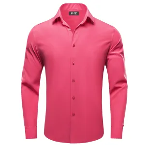 Shock Pink Solid Four-way Stretch Fabric Men's Long Sleeve Shirt