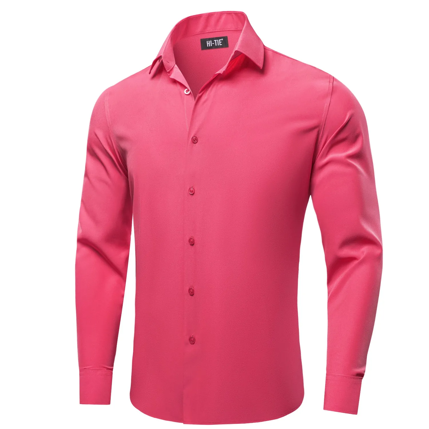 Shock Pink Solid Four-way Stretch Fabric Men's Long Sleeve Shirt