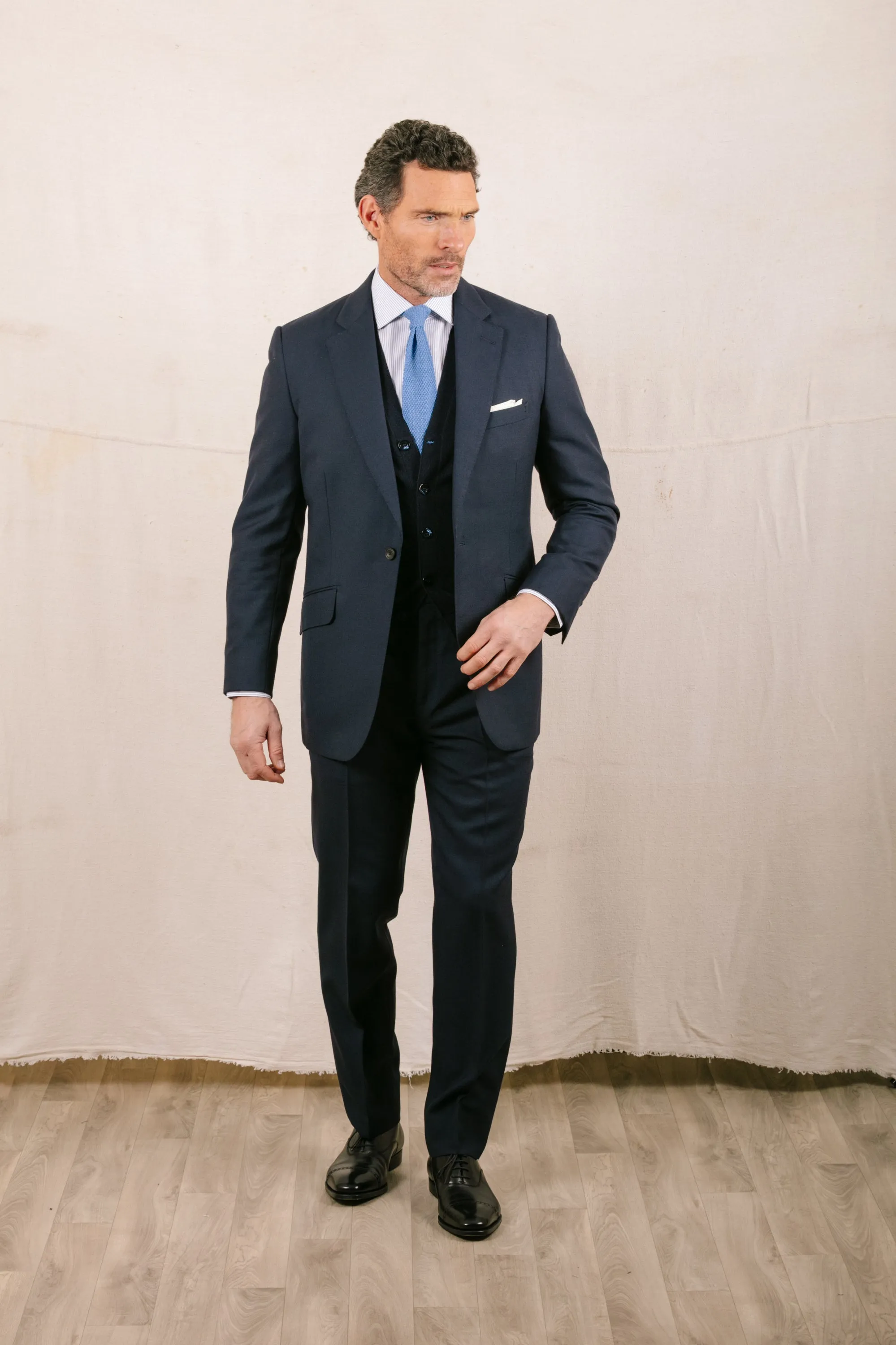 Single Breasted Peak Lapel Suit in Mid Blue Tropical Wool