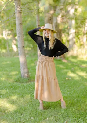 Smocked Waist Camel Maxi Skirt