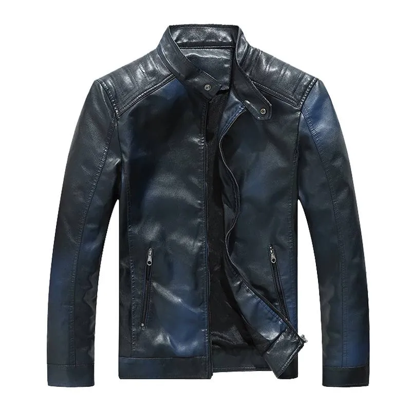 Solid Stand Collar Casual Motorcycle Biker Style Men PU Jacket