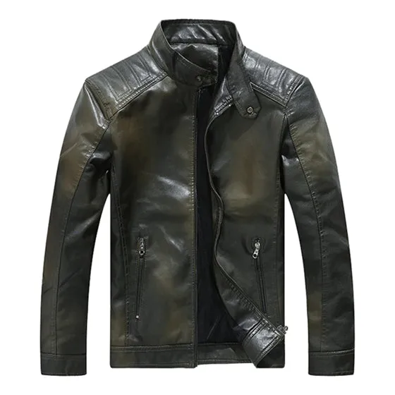 Solid Stand Collar Casual Motorcycle Biker Style Men PU Jacket