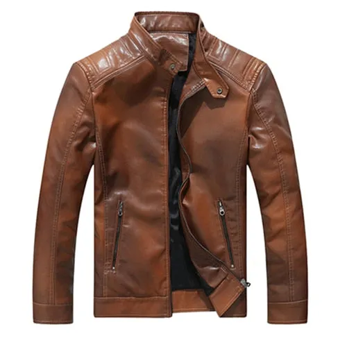 Solid Stand Collar Casual Motorcycle Biker Style Men PU Jacket