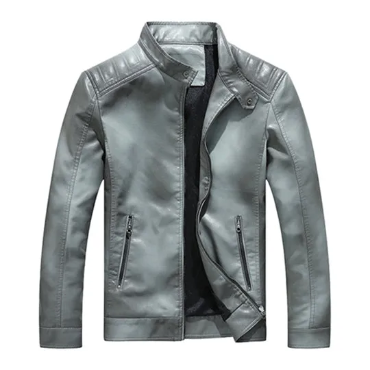 Solid Stand Collar Casual Motorcycle Biker Style Men PU Jacket