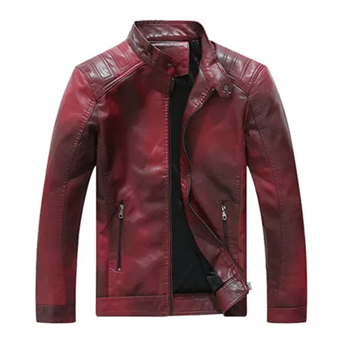 Solid Stand Collar Casual Motorcycle Biker Style Men PU Jacket