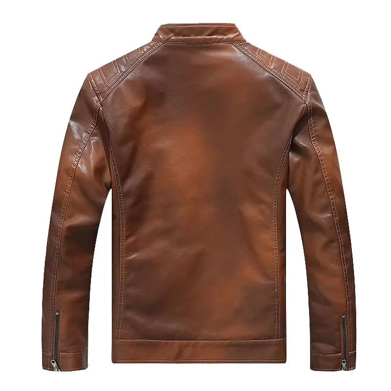 Solid Stand Collar Casual Motorcycle Biker Style Men PU Jacket