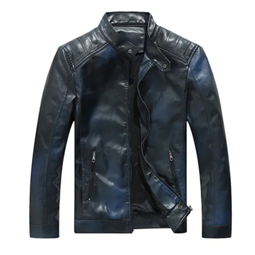 Solid Stand Collar Casual Motorcycle Biker Style Men PU Jacket