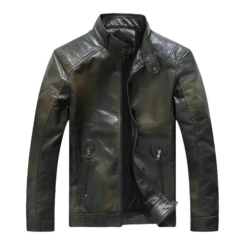 Solid Stand Collar Casual Motorcycle Biker Style Men PU Jacket