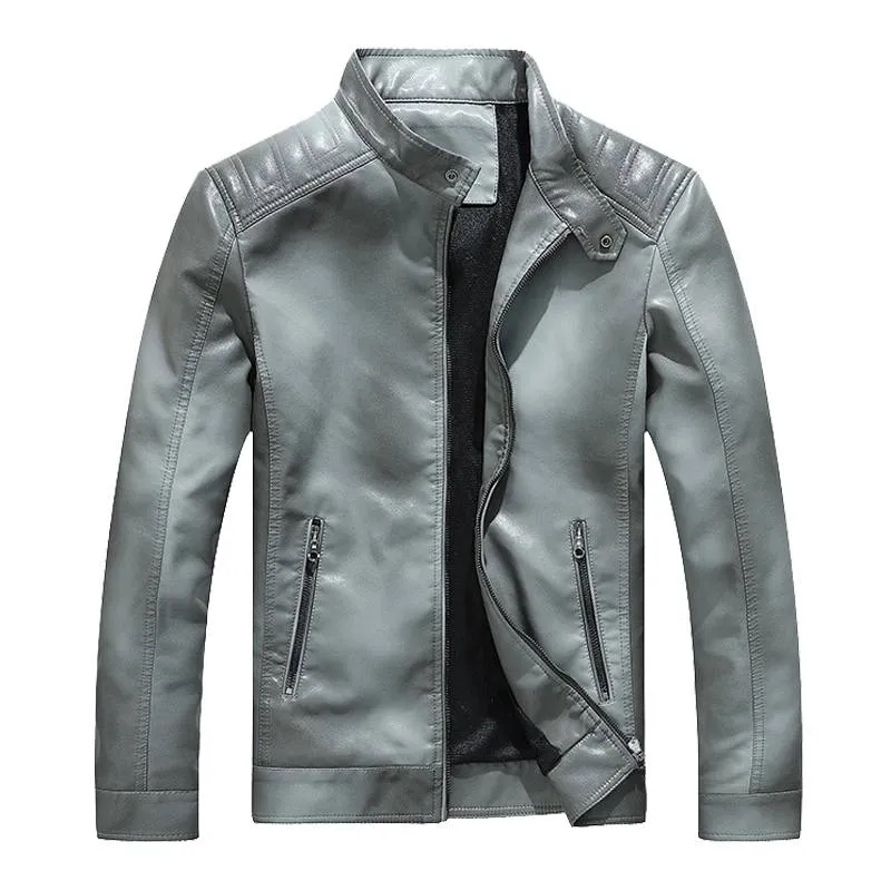 Solid Stand Collar Casual Motorcycle Biker Style Men PU Jacket