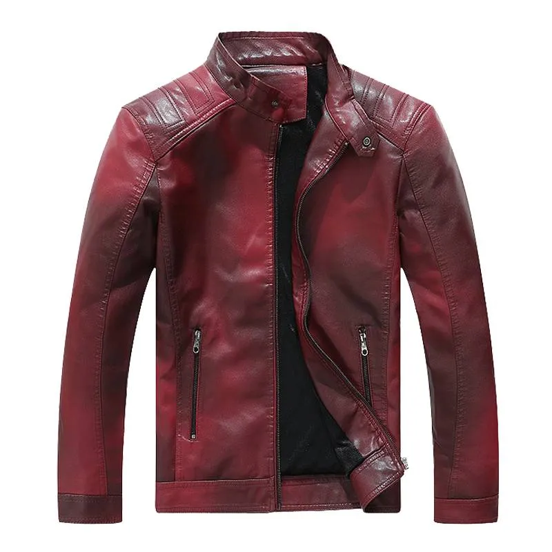 Solid Stand Collar Casual Motorcycle Biker Style Men PU Jacket