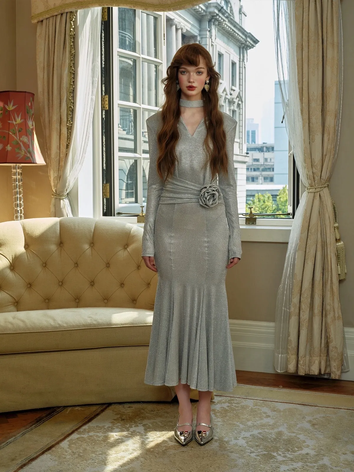 [Spoii Unosa] Silver Luminous Mermaid Maxi Dress Gown