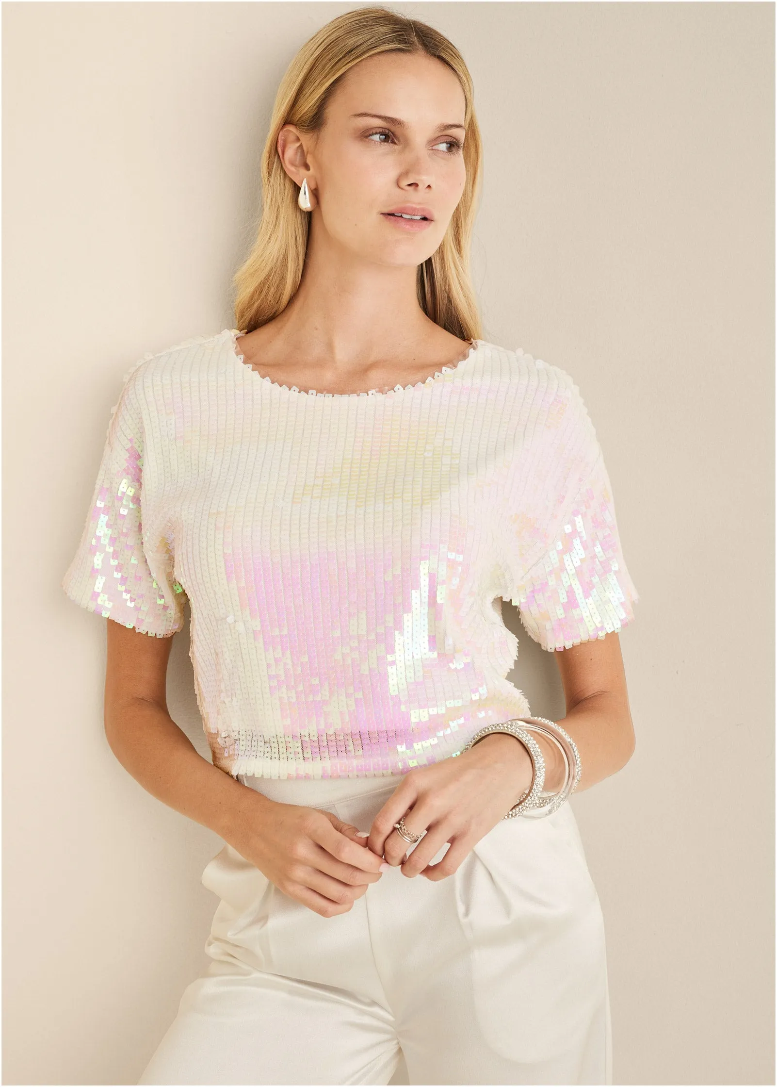 Stretch Sequin Top - Pearl White